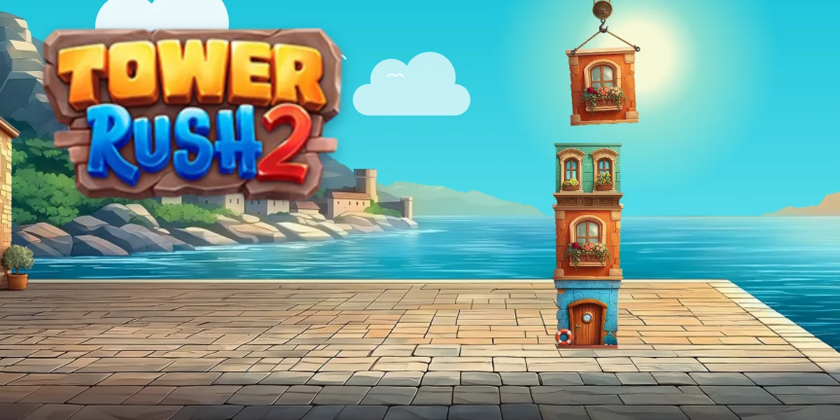 Tower Rush 2 Logo vor Mittelmeerküste, ein Kran setzt eine Etage auf den Turm am Hafen