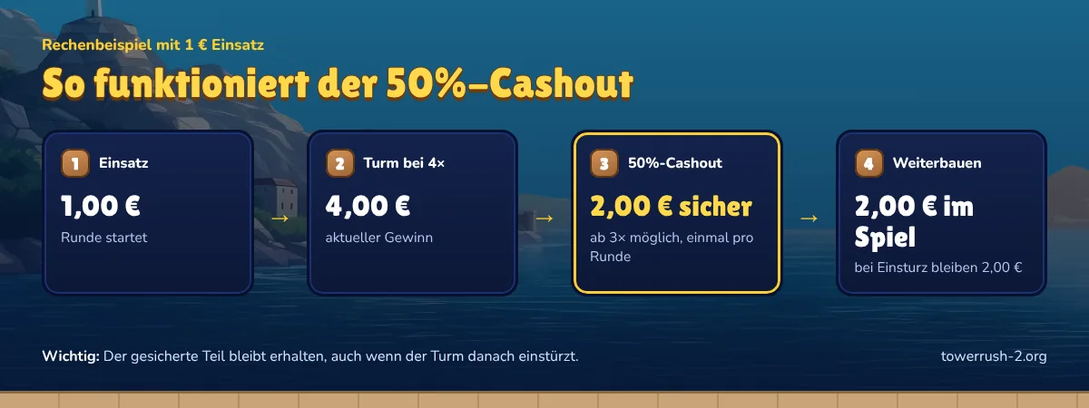 Infografik: 1 € Einsatz, Turm bei 4× = 4 €, 50%-Cashout sichert 2 €, 2 € bauen weiter
